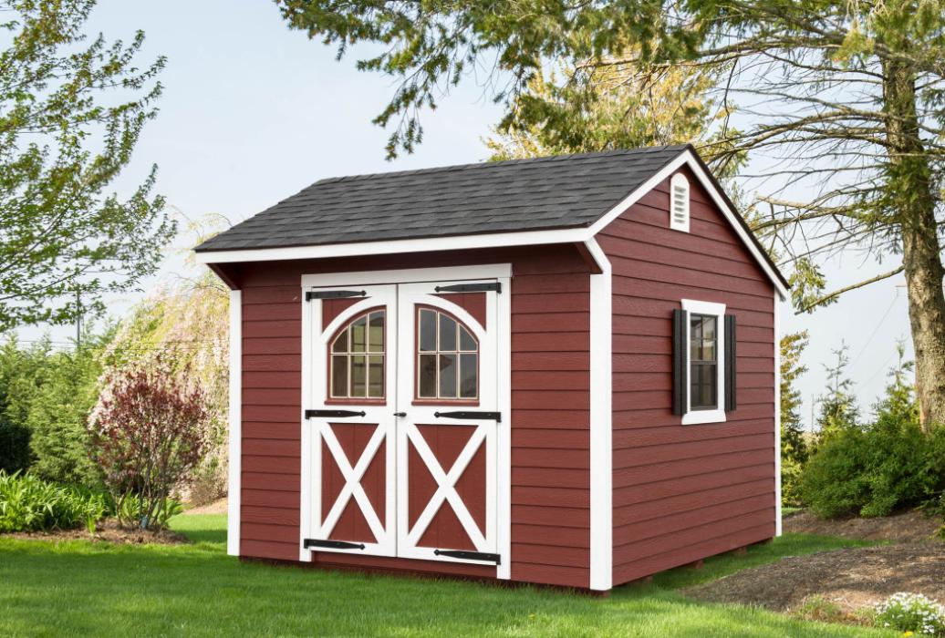 Quaker Shed with LP Lap Siding Quaker Shed with LP Lap Siding painted red with white trim, carriage doors and shutters