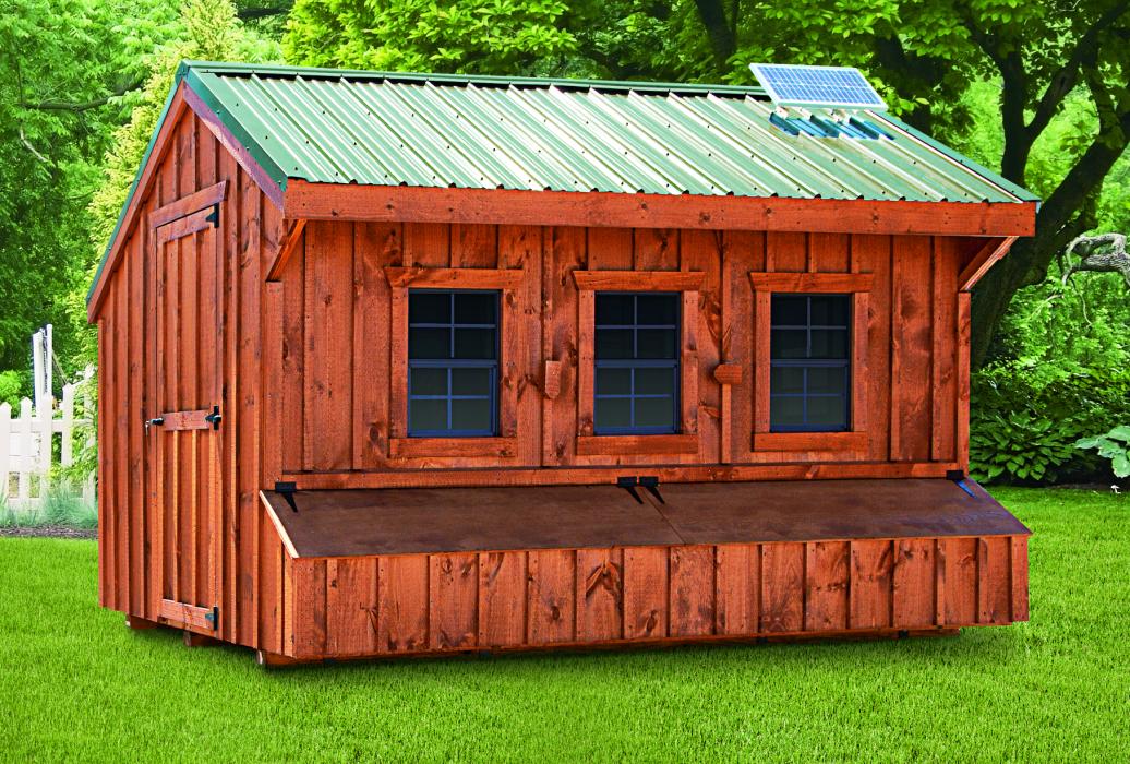 rustic cedar stain coop Q712 shown in board and batten siding with optional metal roof & solar Q712