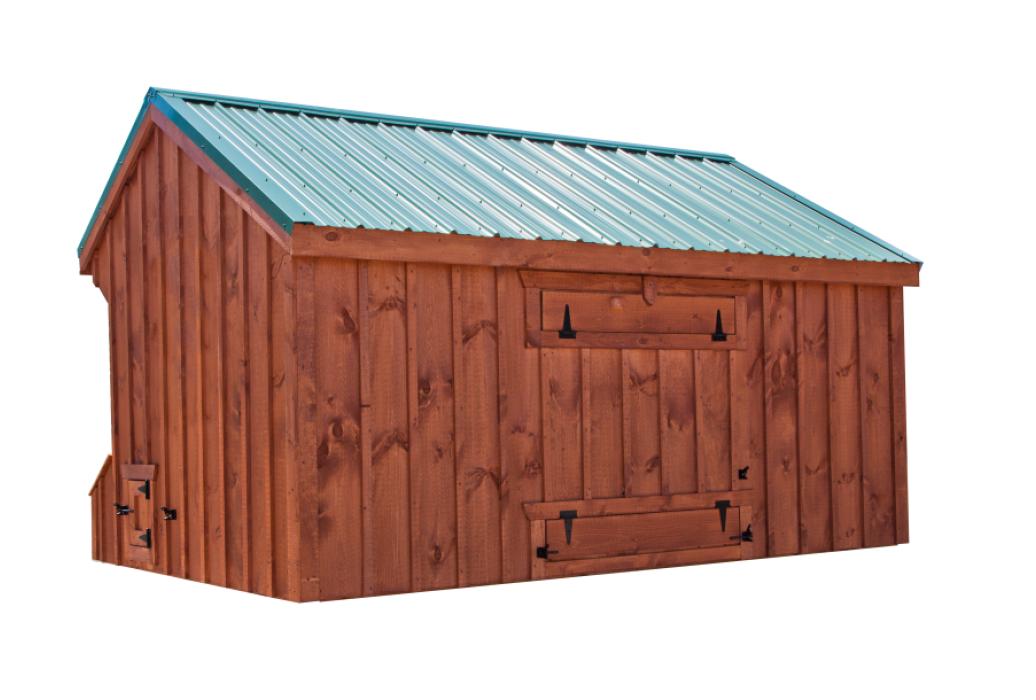 Rustic cedar-color coop with metal roof Rustic cedar-color coop with metal roof