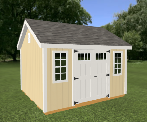 A small custom shed with classic transom doors and two windows 