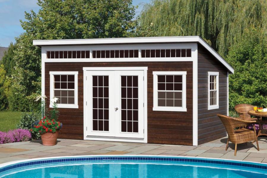 outdoor pool shed with double entry doors