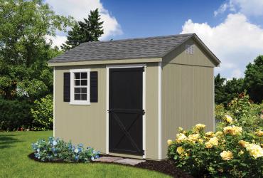 8x10 a-frame shed with T1-11 siding painted sage and white trim.