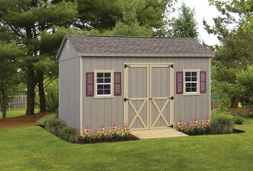 10x14x7 A-frame Storage Shed with clay paint and tan trim.