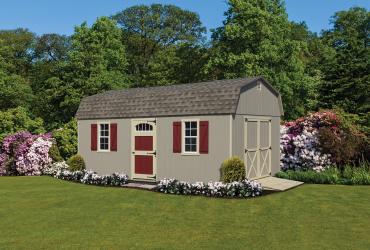 12' x 20' standard barn style with Duratemp T1-11 Clay paint and beige trim.