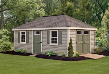 New England Classic Hip Roof Shed with Vinyl Siding
