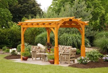 Cozy Arched cedar stained Wood Pergola with lattice roof and superior posts