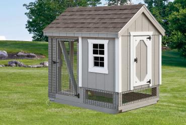 Front view of light gray combo chicken coop