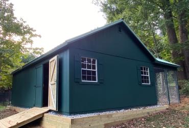 side view of dark green shed with double door. here there are 2 windows.