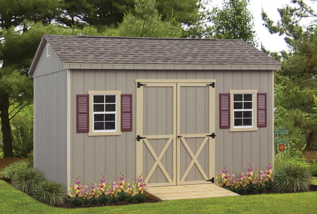 10x14x7 A-frame Storage Shed with clay paint and tan trim.