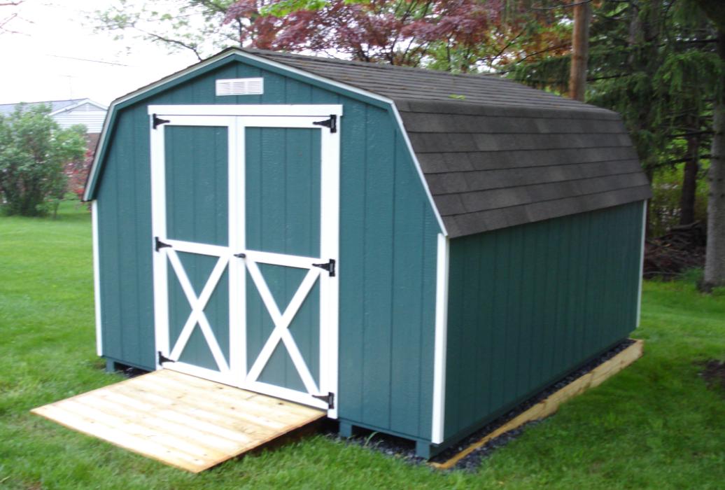 10x12  weatherwood shingles-siding green-trim white-5ft double door -4x5 ramp-2 end vents