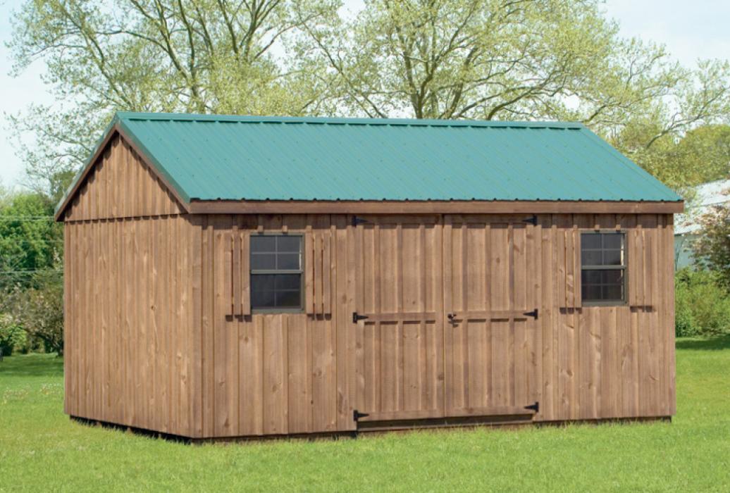 Aframe pine board and batten mushroom brown stain, green metal roof