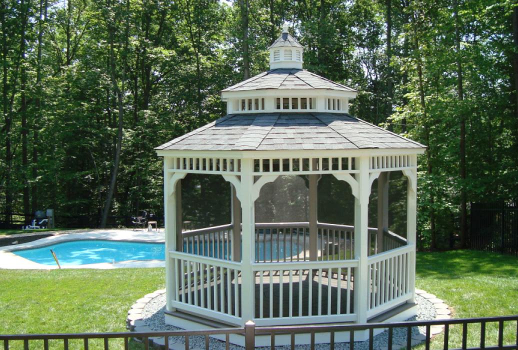 Vinyl Octagon Gazebo- Double Victorian Roof-8 Vinyl Octagon Gazebo with Double Victorian Roof by a pool