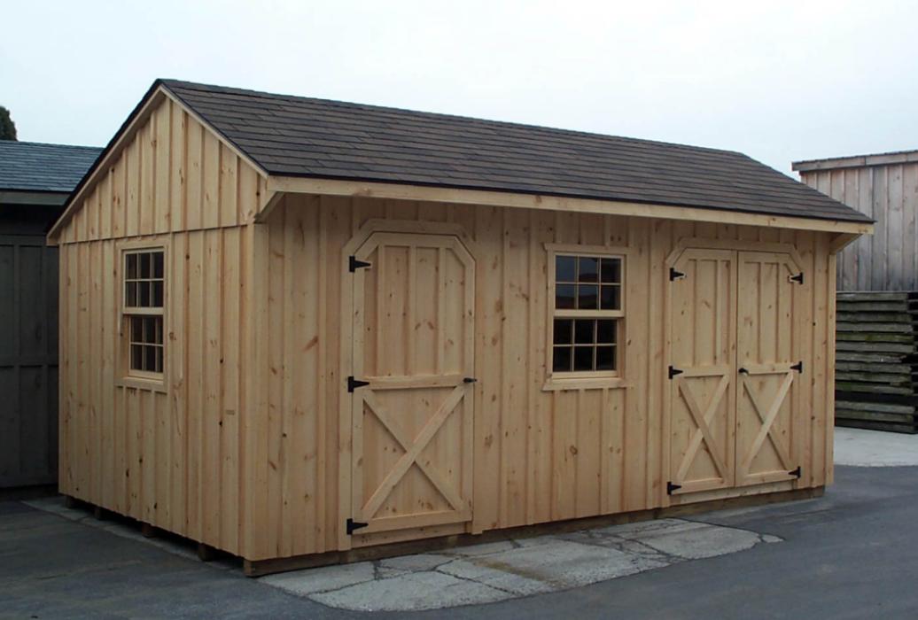 Quaker Board and Batten Standard Shed with optional angled doors and wooden windows.