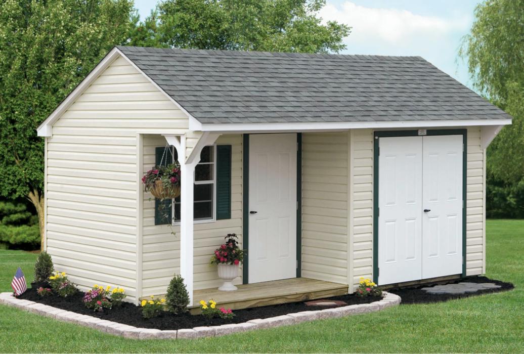 standard vinyl: quaker shed w/ porch lancaster county barns