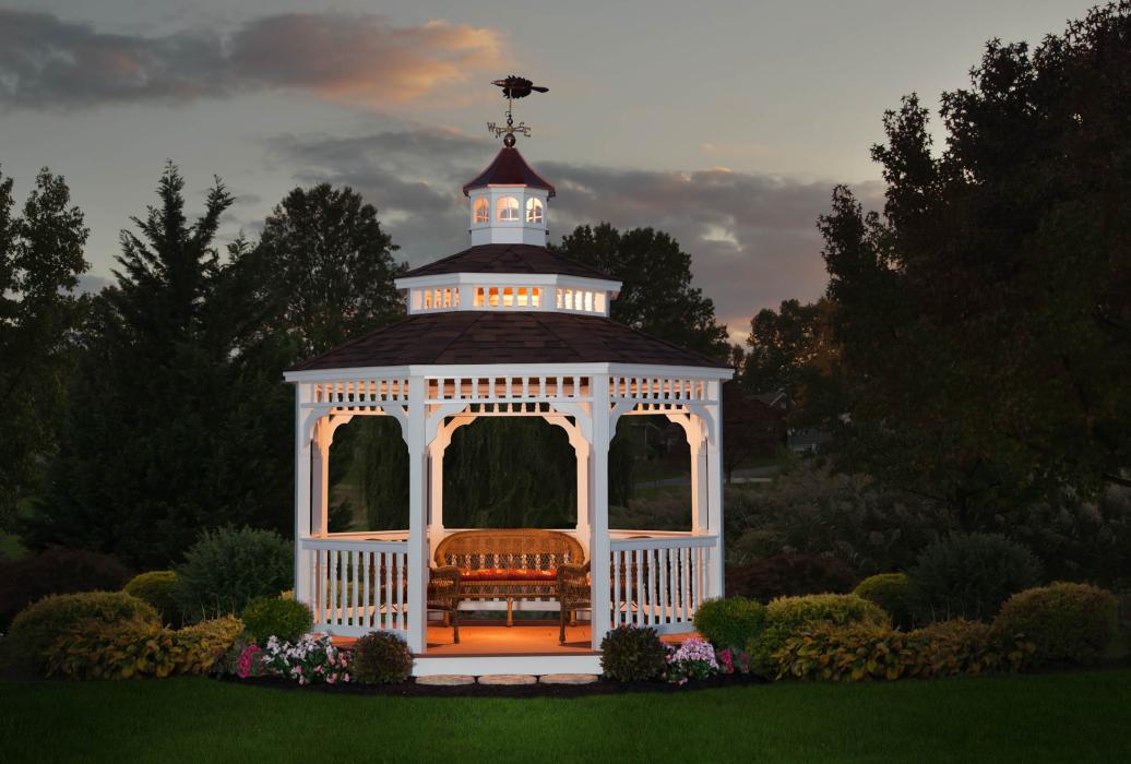 Vinyl Octagon Gazebo- Double Victorian Roof-3 Vinyl Octagon Gazebo- Double Victorian Roof shown at night with lights