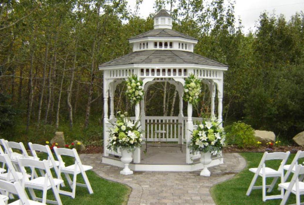 Vinyl Octagon Gazebo- Double Victorian Roof-5 Vinyl Octagon Gazebo with a Double Victorian Roof shown in a wedding setting