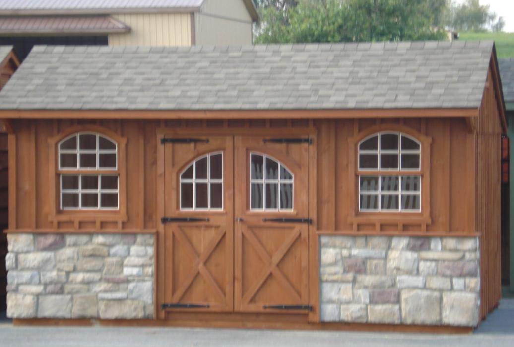 Quaker Board & Batten Pine Shed with Stone-1 Quaker Board & Batten Pine Shed with Stone-1