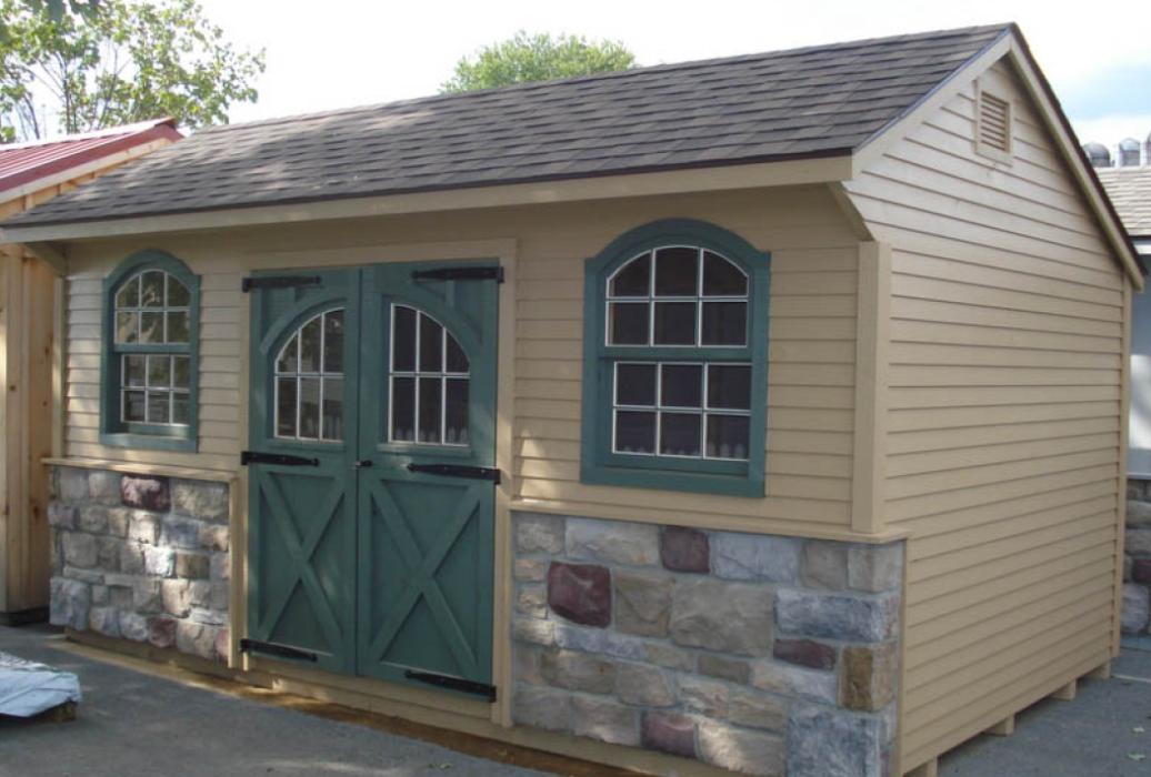 Quaker Board &amp; Batten Pine Shed with Stone