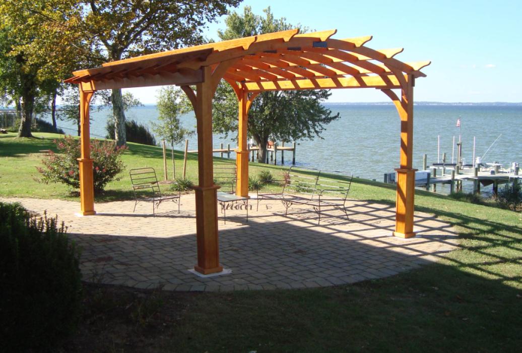 Cozy Arched cedar stained Wood Pergola