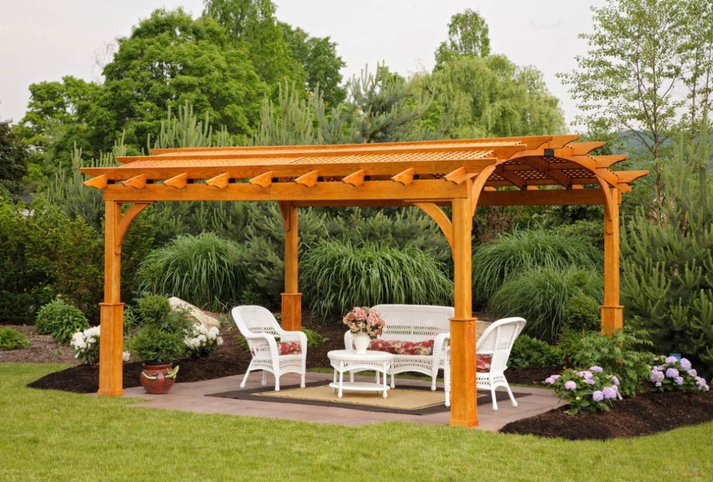 Cozy Arched cedar stained Wood Pergola and superior posts