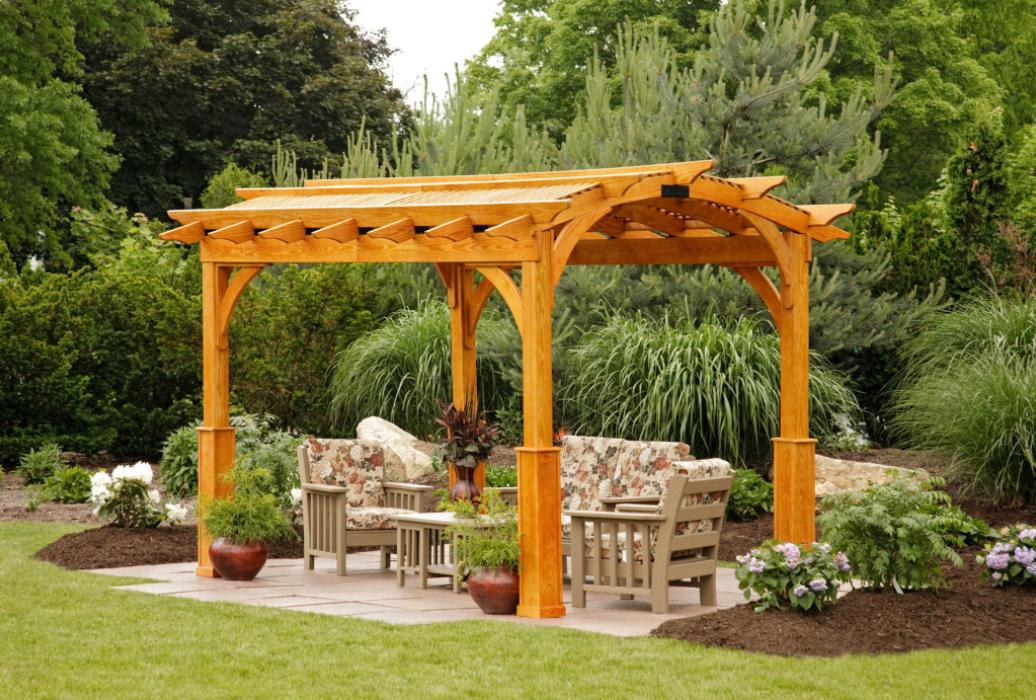 Cozy Arched cedar stained Wood Pergola with lattice roof and superior posts