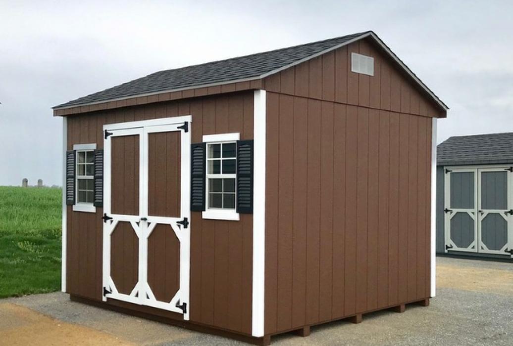 Standard a-frame shed with painted T1-11 siding and taller wall option