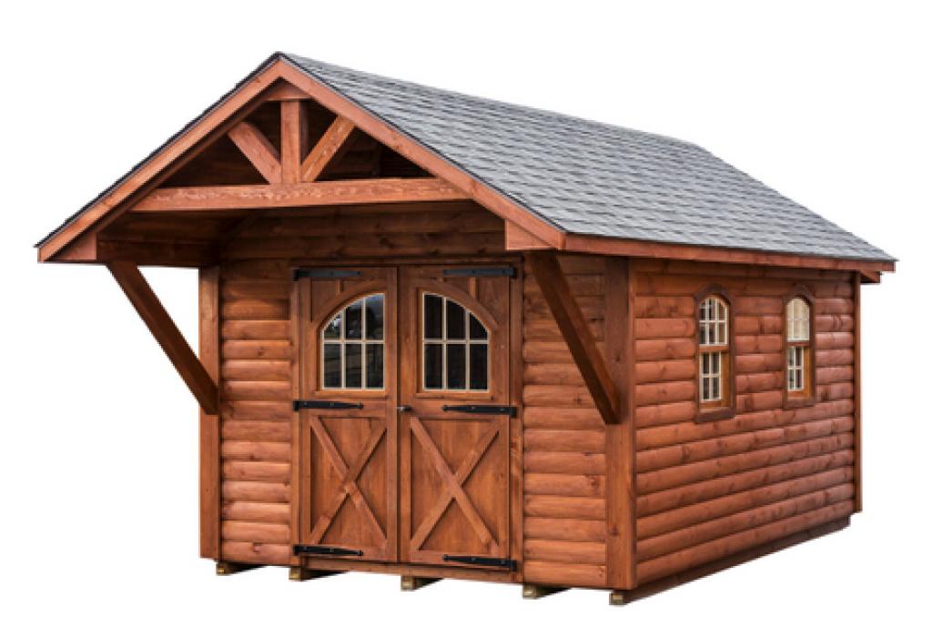 10x14 Manor covered bridge shed with pine log siding