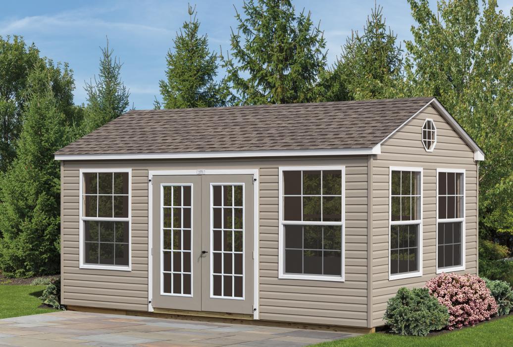 Workshop shed with large windows and double doors