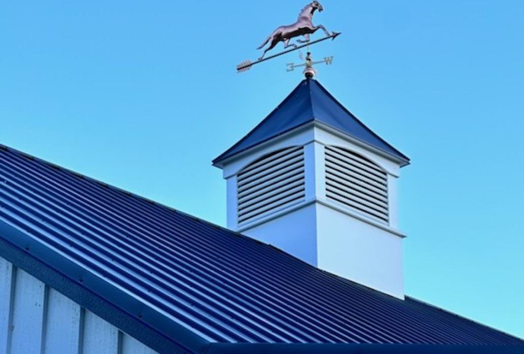 42” White Vinyl Louvered Cupola with concave black metal roof 42” White Vinyl Louvered Cupola with concave black metal roof