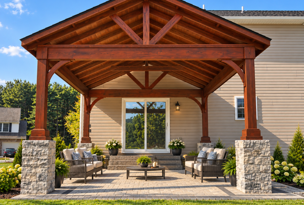 16x20 Wood A-Frame Attached to House & on Pillars