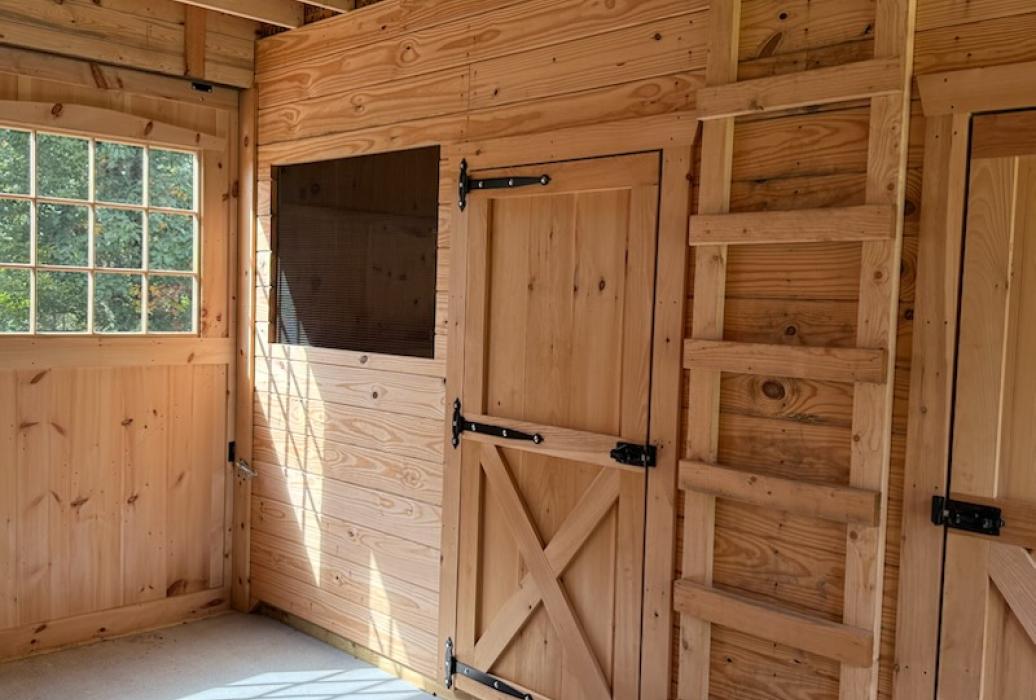 Large barn stall section used as a chicken coop with ladder to loft
