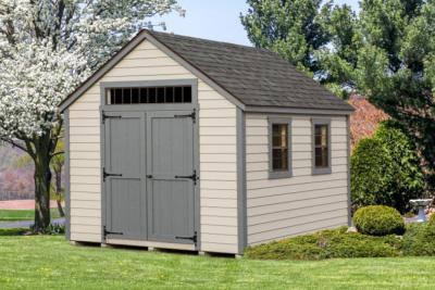 A frame roof style shed with ship lap siding