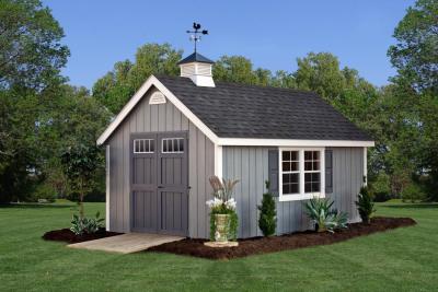 Classic Roofline Deluxe Cape Cod shed with grey T1-11 Siding and black shingle roof