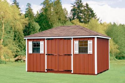 Hip roof style shed with T1-11 siding