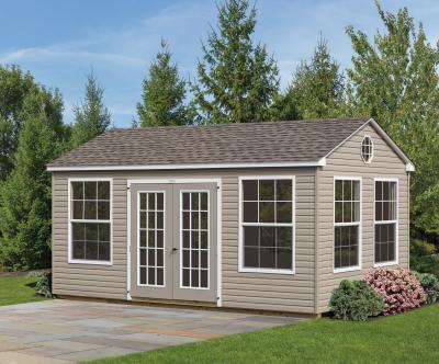 Workshop shed with large windows and double doors
