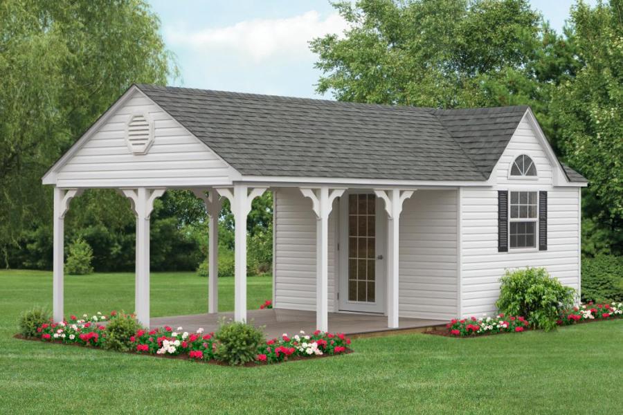 white pool house with covered porch